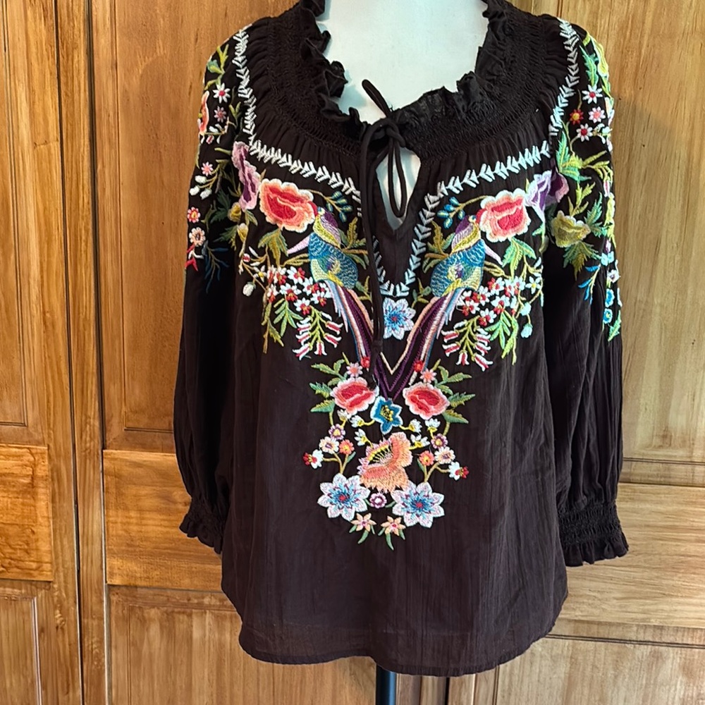 Sundance brown cotton gauze Ruffled 3/4 Sleeve Blouse